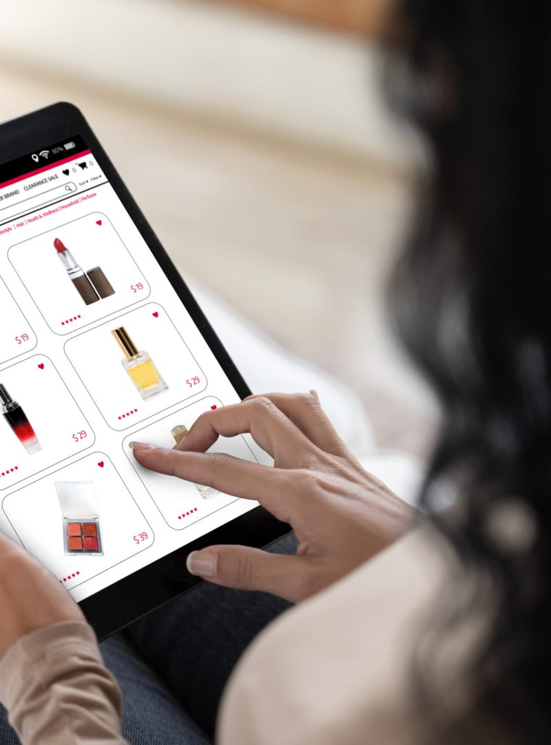 Woman shopping online on internet marketplace browsing for sale items for modern lifestyle and use credit card for online payment from wallet protected by crucial cyber security software